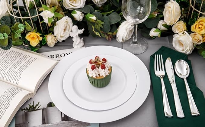 FLOWERCAT 60PCS White Plastic Plates - Heavy Duty White Disposable Plates for Birthday Party/Wedding -serve for 30 guests Include 30PCS 10.25" Dinner Plates & 30PCS 7.5" Dessert Plates for Party-Ruum Studio Home