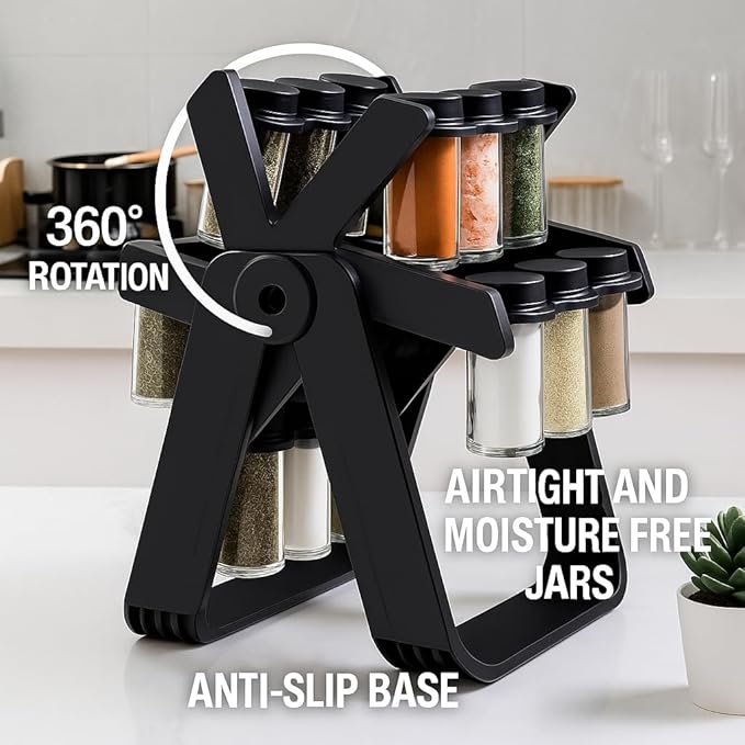 A&K's Rotating Spice Rack Organizer, 18 Glass Jars, 360-Degree Turntable, Black, Comes with Spice Label Stickers, Funnel, and Water Pen. Best for Kitchen Organization, Countertop, Pantry, and Cabinet.-Ruum Studio Home