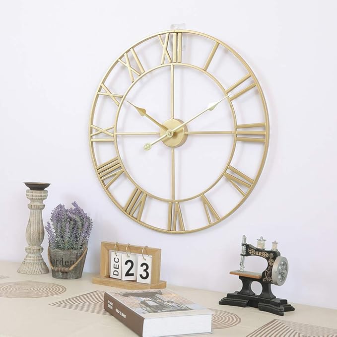 LEIKE Large Modern Wall Clocks,18" Gold Metal,Rustic,Round,Silent Non Ticking,Battery Operated Roman Numerals Clock for Living Room/Bedroom/Kitchen Wall Decor-(Gold, 47cm)-Ruum Studio Home