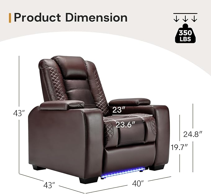 ANJ Power Home Theater Seating, PU Leather Electric Recliner Chair with Powered Headrest, Dual Motors Movie Reclining Chairs with LED Lights,USB Port, Cup Holders, Hidden Arm Storage (Brown)-Ruum Studio Home