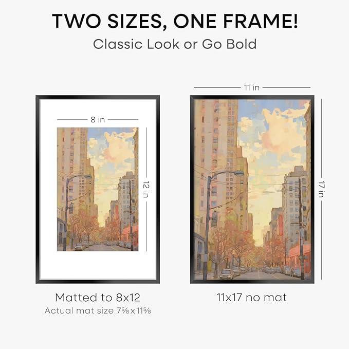 Homeforia 11 x 17 Picture Frame Black, High End Metal 11x17 Poster Frames with Mat 8x12 for Photo, 11 x 17 Black Frame Matted to 8 x 12 inch Print, 17x11 Thin Frame, Tempered Glass, Wall Kit, Set of 1-Ruum Studio Home