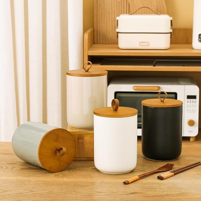 Large Ceramic Storage Jars, Modern Elegant Highly Polished Airtight Gorgeous Storage Canisters with Wooden Lid Food Storage Jar for Kitchen Spice Tea Vanilla Sugar Coffee Beans (White)-Ruum Studio Home