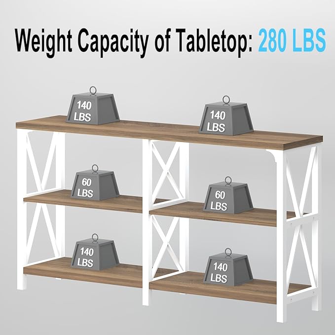 LVB Farmhouse Entryway Table, Industrial Wood Sofa Table with Storage Shelf, Modern Console Tables Behind Couch for Living Room, Wooden Hallway Foyer Table for Front Entry, White Rustic Oak, 55 Inch-Ruum Studio Home