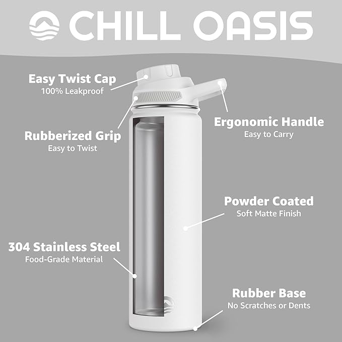 Chill Oasis Water Bottle | Compatible With Popular Flavor Cartridges | BPA Free, Leak Proof, Double-Walled Vacuum Insulated Stainless Steel, and Dishwasher Safe | Cold for 24 Hours (White, 22oz)-Ruum Studio Home
