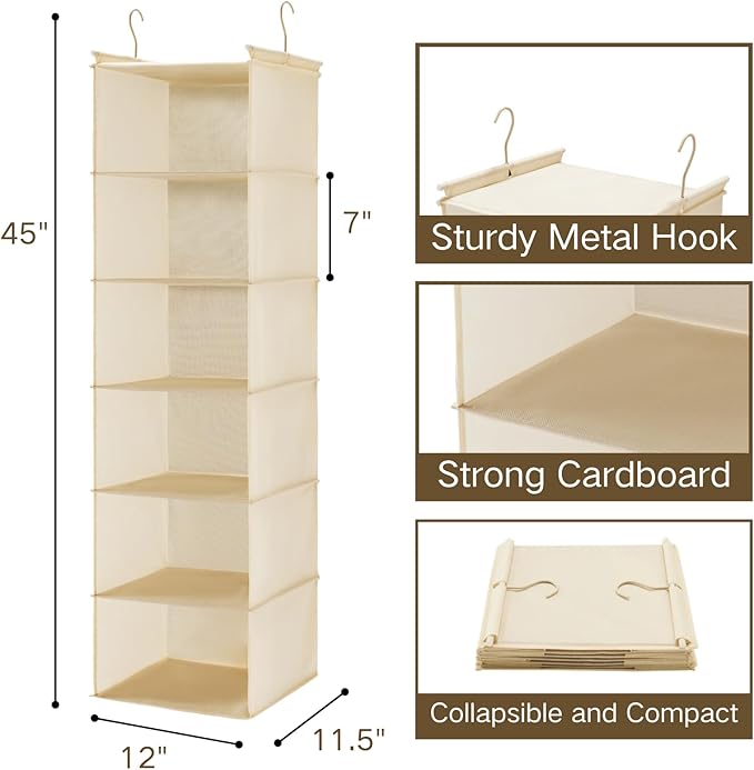 MAX Houser 6 Tier Shelf Hanging Closet Organizer, Cloth Hanging Shelf with 2 Sturdy Hooks for Storage, Foldable (Beige)-Ruum Studio Home