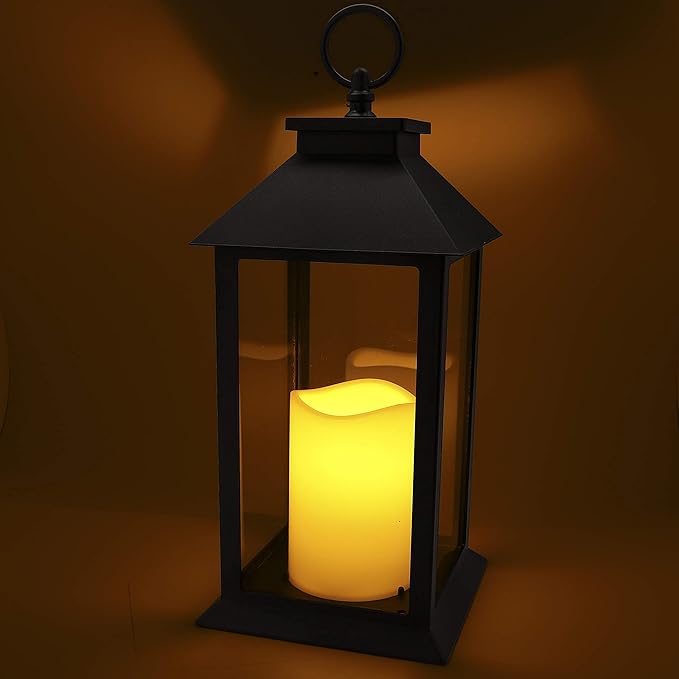 YAKii Hanging Glass Panes Lantern Portable Led Lantern Decorative Operated by 3AAA Battery Use for Garden Yard, Indoor Decoration Candle (Black)-Ruum Studio Home