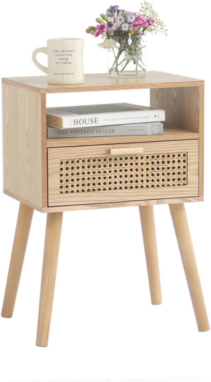 MaxSmeo Modern Nightstand Rattan Side End Table with Storage, for Living Room, Bedroom and Small Spaces, Accent Bedside Farmhouse Tables with Solid Wood Legs, Easy Assembly (Natural Walnut)-Ruum Studio Home
