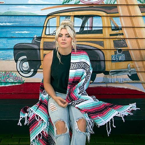 Del Mex Classic Mexican Blanket, Large Authentic Woven Falsa Throw (70"x50"), Artisan Southwest Décor for Beach, Yoga, Outdoors (Pink/Mint)-Ruum Studio Home
