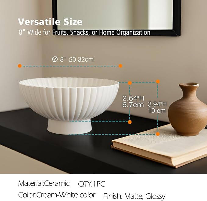 White Ceramic Fluted Decorative Bowl - 8 inch Fruit Footed Bowl for Kitchen Counter, Modern Key Pedestal Ruffle Bowl for Entryway Table & Home Organization-Fits Bread, Fruits, Salad or Popcorn-Ruum Studio Home