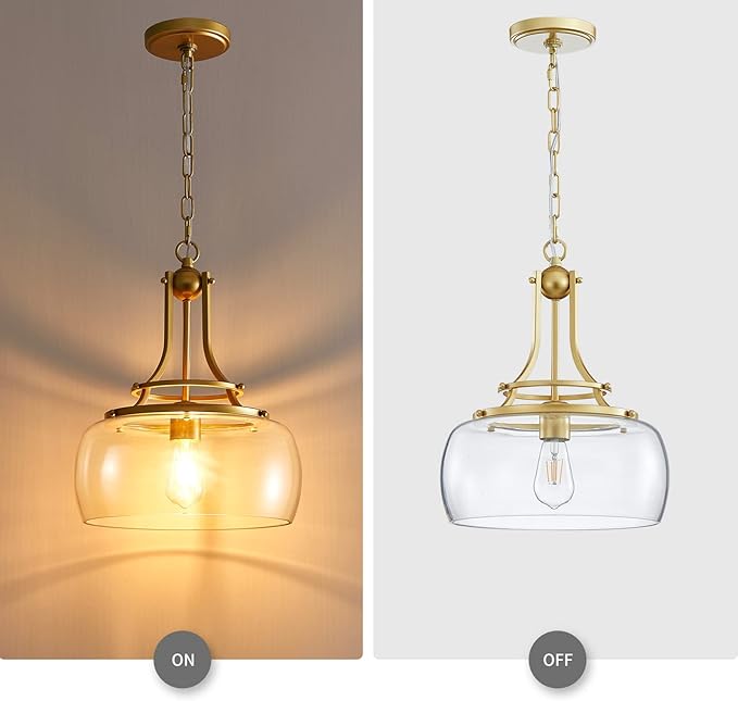 WUZUPS Chandelier Rustic Farmhouse Industrial Round Ceiling Pendant LED Light Fixture with Clear Glass Shades for Dining Room Kitchen Island Foyer Entryway, H 17" x W 13.4", E26 Base, Gold-Ruum Studio Home