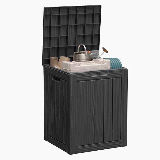 28 Gallon Resin Deck Box, Lockable Patio Outdoor Storage Box for Furniture, Garden Tools and Tools Storage, Waterproof Outside Storage Boxes - Black-Ruum Studio Home