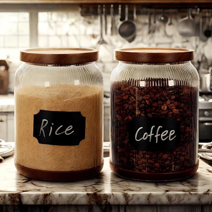 SAIOOL 2-Pack Striped Borosilicate Glass Airtight Canisters - Big mouth Large Capacity, Acacia Wood Lid, Food Storage Jars for Flour, Pasta, Pantry Organization (3/4 Gallon （2 Striped pack）)-Ruum Studio Home