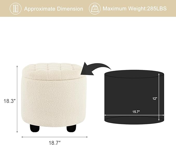 Furniliving Modern Round Storage Ottoman,Button Tufted Ottoman Foot Stools Ottoman Footstool with Removable Lid Storage Ottomans for Living Room, Bedroom, Makeup Room，Sherpa, IvoryWhite-Ruum Studio Home