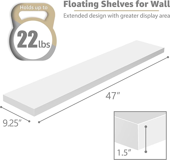 Sorbus Floating Shelves for Wall - 48 Inch Long Bathroom Shelves, Wall Decor for Bedroom, Kitchen, Living Room & Book Storage - Mounted Floating Shelf with Invisible Brackets (White, 2 Pack)-Ruum Studio Home