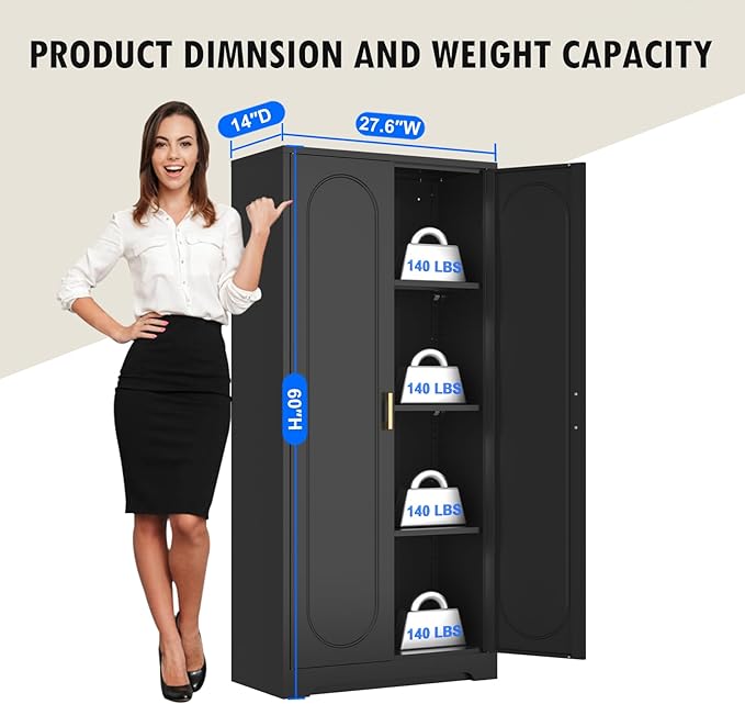 60" Tall Kitchen Pantry Cabinet, Metal Pantry Cabinet with Doors and Adjustable Shelves, Black Utility Storage Cabinet with Handles for Dining Room, Bathroom, Laundry Room - Assemble Required-Ruum Studio Home