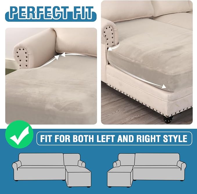 H.VERSAILTEX Velvet Stretch Individual Chaise Cover Sectional Couch Covers for L Shaped Sofa Both Left/Right Furniture Protector Seat Cushion Sofa Cover (1 Piece Chaise Cover, Oatmeal)-Ruum Studio Home