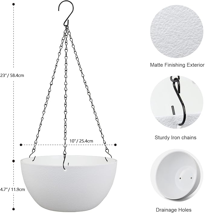 10 inch Hanging Planters for Indoor Outdoor Plants, 2 Pack Hanging Flower Pots with Drainage Holes and Chain for Garden Balcony Porch, Round Plastic Hanging Baskets for House Plants, White-Ruum Studio Home