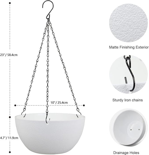10 inch Hanging Planters for Indoor Outdoor Plants, 2 Pack Hanging Flower Pots with Drainage Holes and Chain for Garden Balcony Porch, Round Plastic Hanging Baskets for House Plants, White-Ruum Studio Home