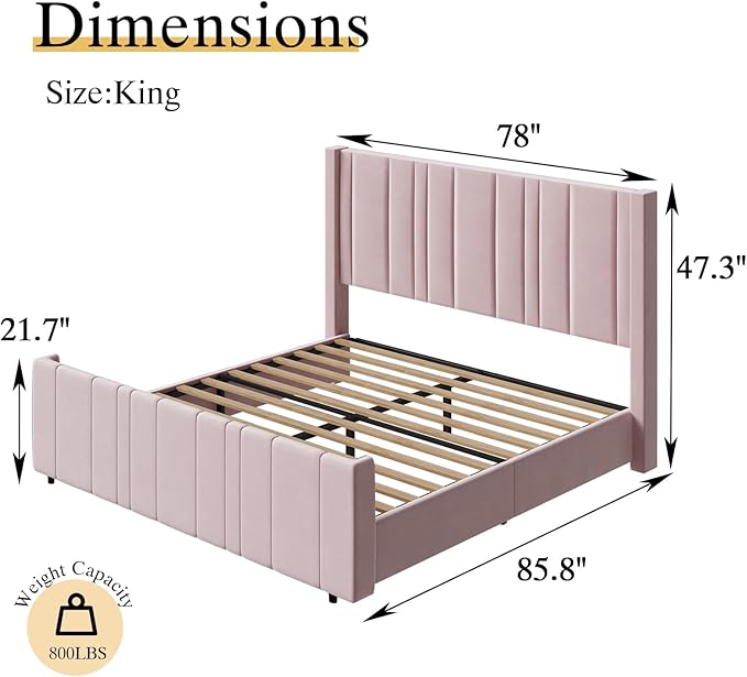 HOMBCK King Size Bed Frame and Headboard, Upholstered Bed with Vertical Channel Tufted Headboard & Footboard, Wooden Slats/Noise Free/No Box Spring Needed/Easy Assembly, Pink-Ruum Studio Home