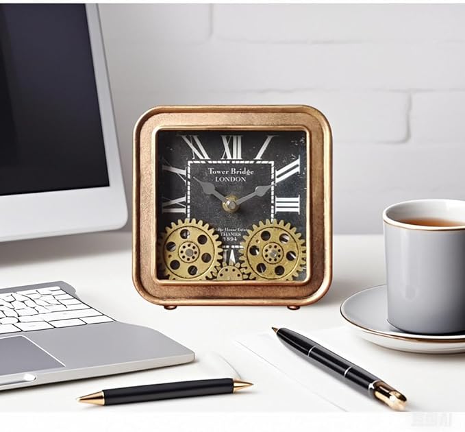 Desk Clock Vintage Metal Table Clocks with Moving Gears, Silent Retro Industrial Steampunk Quartz Small 6 inch End Table Clock for Home Office Living Room Decor Battery Operated (Gold)-Ruum Studio Home