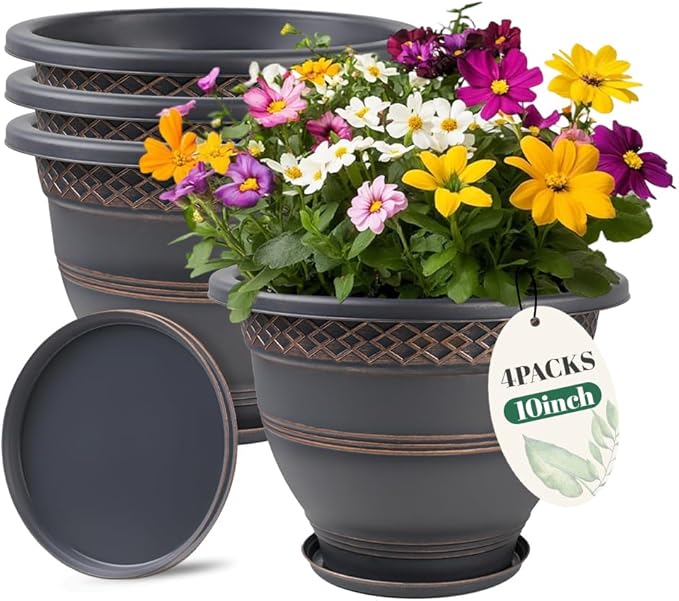 10 Inch 4 Pack Large Plant Pots, Plastic Flower Pot for Indoor & Outdoor with Drainage Holes & Saucer, Plaid Pattern Planters Garden Pots for Herbs-Ruum Studio Home