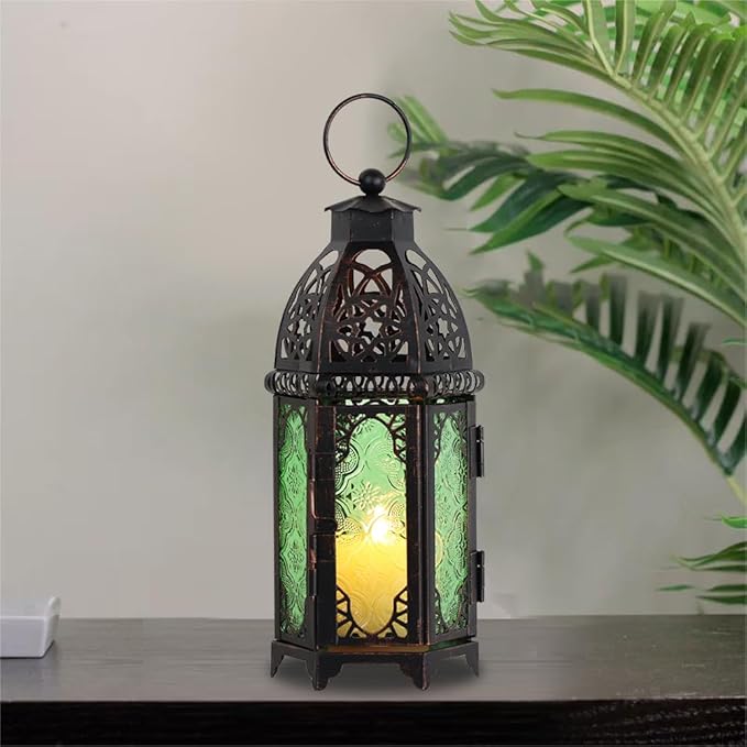 NEEDOMO Hanging Moroccan Lantern, 11'' Vintage Candle Holder, Metal Lanterns Decorative Indoor Outdoor, Table, Patio, Porch, Shelf, Gothic Home Decor (Green, Medium Size)-Ruum Studio Home