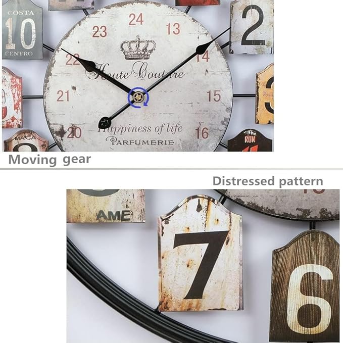 Large Wall Clock Separate Retro Dial Decorative Silent Non Ticking 20 Inch Big Vintage Farmhouse Clocks for Living Room,Black Metal Frame-Ruum Studio Home