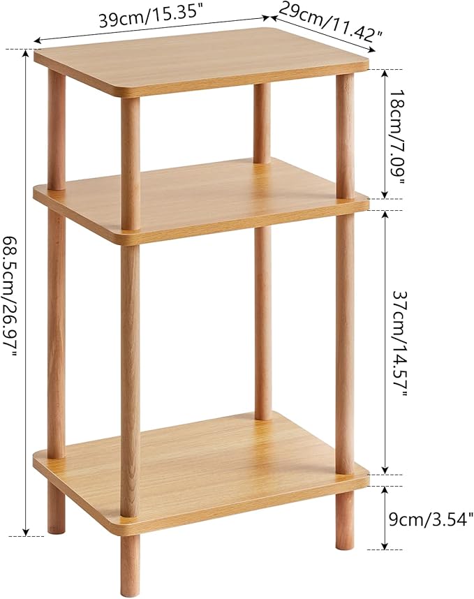 IBUYKE 3-Tier Side Table, Solid Wood Tall End Table with Storage Shelves, Nightstand Bedside Table for Living Room Bedroom Office, No-Tool Assembly, Natural UWST003N-Ruum Studio Home