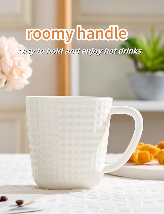 Ceramic Coffee Mugs 15 oz, Large Waffle Embossed Mug Set, Coffee Cups for Latte, Cappuccino, Cocoa, Tea, Mocha, Milk, Housewarming Wedding Present,Microwave & Dishwasher Safe - Set of 4 (White)-Ruum Studio Home