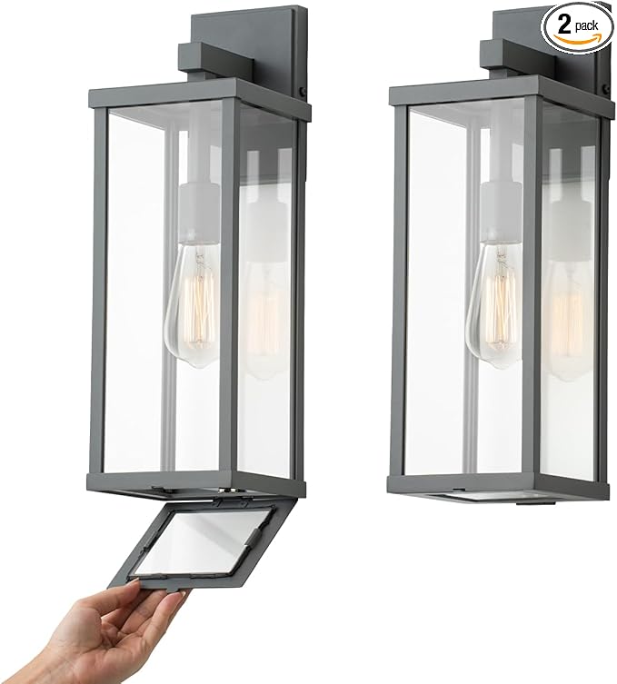 mirrea 18" Classic Outdoor Wall Sconce 1 Light in Matte Gray Rectangular Metal Frame and Clear Glass Shade Waterproof Porch Light Patio Light Pack of 2-Ruum Studio Home