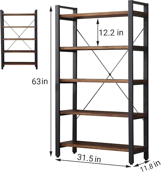 5 Tier Bookcase, Solid Wood Bookshelf Rustic Vintage Industrial Etagere Bookcase, Metal and Wood Free Vintage Bookshelf, Retro Brown (Real Wood) (5-Tiers)-Ruum Studio Home
