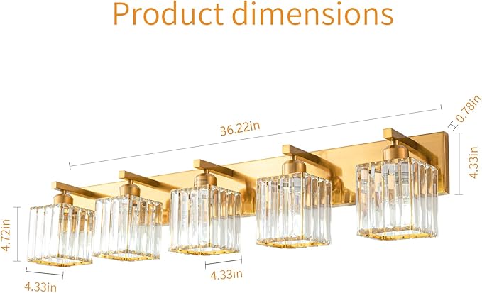 Modern 5-Light Gold Brushed Brass Finish Crystal Wall Light for Bathroom Vanity-Ruum Studio Home