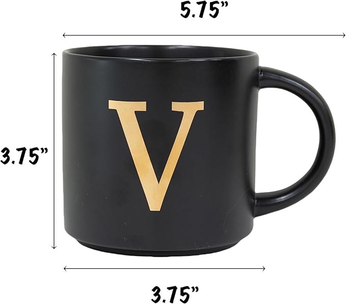 COLLECTIVE HOME - Monogram Ceramic Mugs, 15 oz Golden Initial Black Coffee Cups, Elegant Alphabet Tea Mugs, Elegant Personalized Mug with Gift Box, Unique Mug with Double Side Capital Lette (V)-Ruum Studio Home