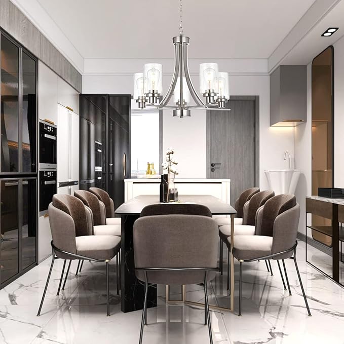 BONLICHT Traditional Chandelier Lighting 5 Light Brushed Nickel Modern Light Fixtures Hanging Pendant Lighting with Clear Glass Shade Classic Ceiling Lights for Kitchen Dining Room Living Room Island-Ruum Studio Home