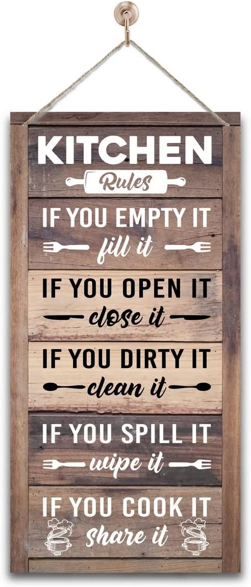 Hanging Kitchen Rules Wood Decor Sign, Rustic Kitchen Wooden Signs, Printed Wood Wall Art Sign, Kitchen Door Rules Rustic Sign, Hanging Wood Sign Kitchen Decor, Funny Farmhouse Kitchen Wall Décor-Ruum Studio Home