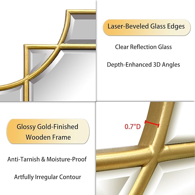 Gold Mirror for Wall, 36x24 Gold Wood Framed, Scalloped Beveled Polished Rectangle Mirror, Large Decorative Mirrors for Wall Decor, Irregular Mirror for Living Room, Bathroom Vanity, Entryway-Ruum Studio Home