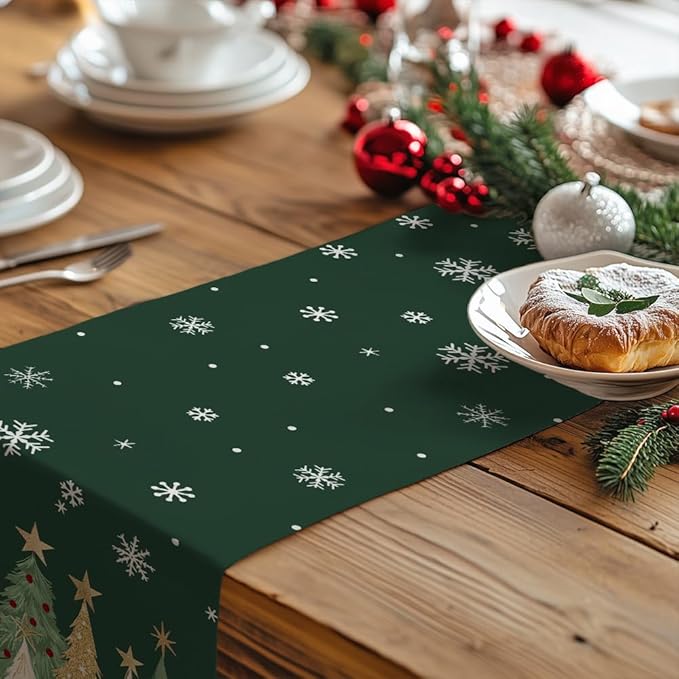 GEEORY Christmas Table Runner 13x60 Inch, Xmas Trees Snowflakes Holiday Decorative Farmhouse Table Decoration for Kitchen Dinning, Indoor Outdoor Dinner Party Decor (Green) GT152-60-Ruum Studio Home
