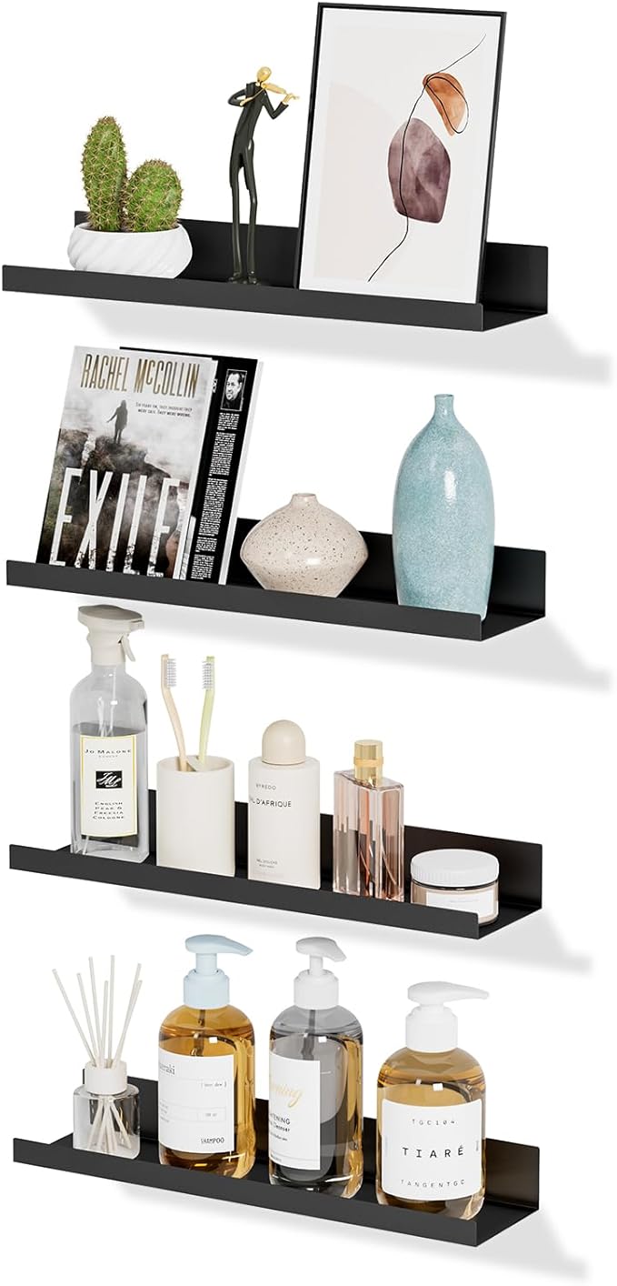 4 Pack Floating Shelves for Wall Storage, Metal Black Hanging Shelves for Living Room/Kitchen/Bedroom/Bathroom Decor, Set of 4 Organizer for Display, Perfume & Book Shelf Wall Mounted-Ruum Studio Home