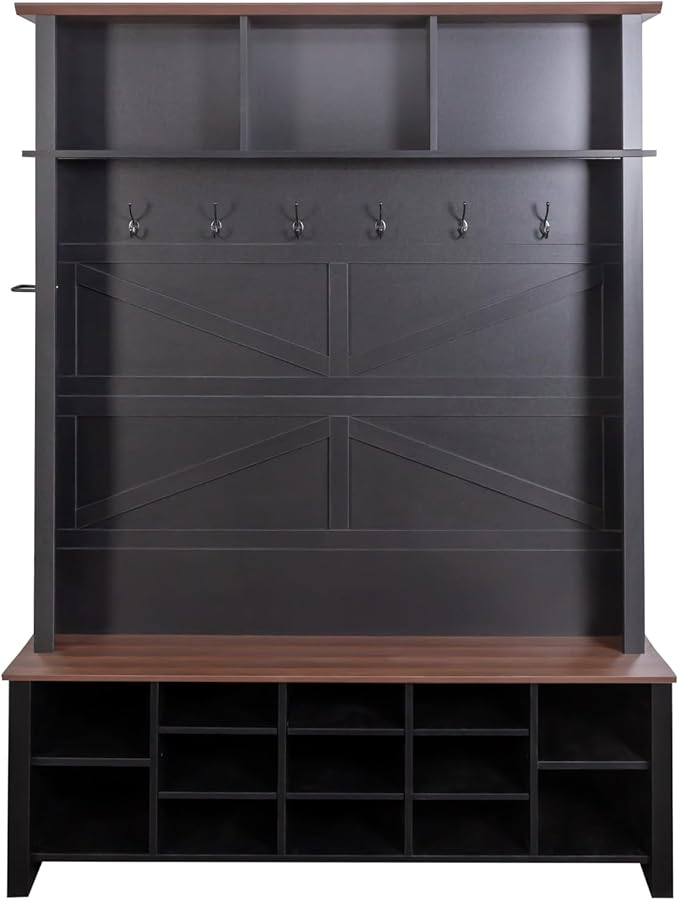 Ball & Cast 4-in-1 Hall Tree with 6 Hooks,Walnut Entryway Bench with Adjustable Shelves,Rustic Shoe Organizer with 16 Open Compartments,for Mudroom,Living Room,Hallway,Black-Ruum Studio Home