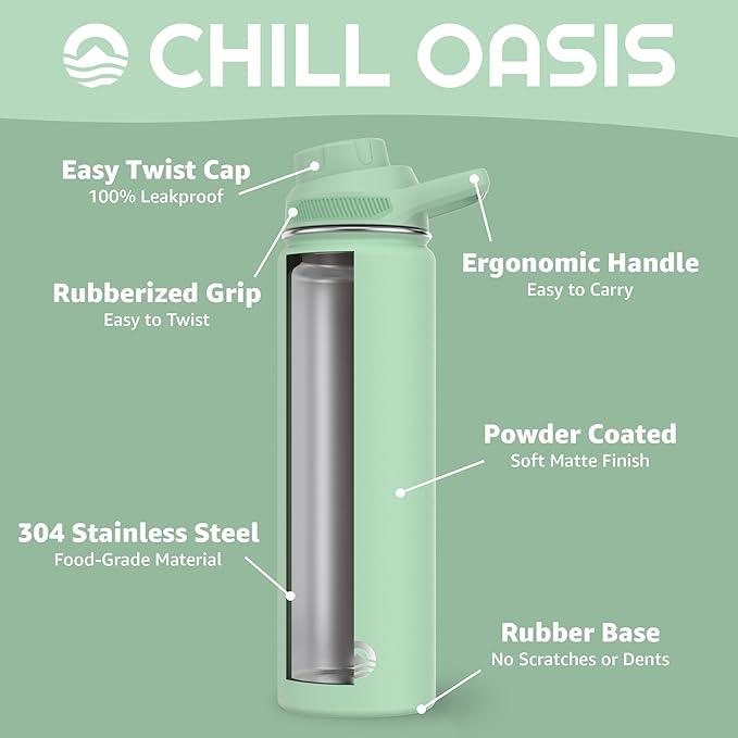 Chill Oasis Water Bottle | Compatible With Popular Flavor Cartridges | BPA Free, Leak Proof, Double-Walled Vacuum Insulated Stainless Steel, and Dishwasher Safe | Cold for 24 Hours (Sage, 22oz)-Ruum Studio Home