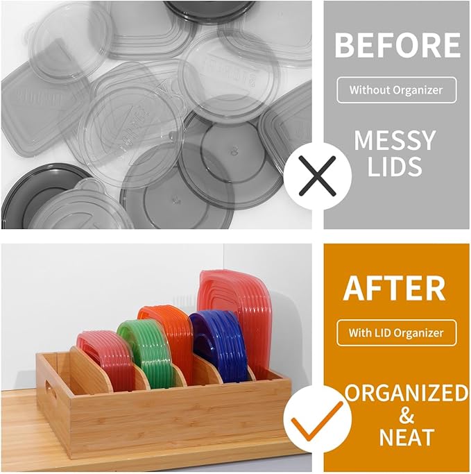 2 Pack Bamboo Lid Holder Food Container, Kitchen Organizer with 5 Adjustable Dividers, Cabinet Organizer for Food, Kitchen Gadget, Container Lids-Ruum Studio Home