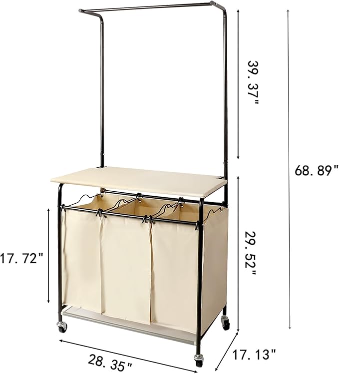 MYOYAY 3 Section Laundry Sorter with Garment Hanging Bar Rack Foldable Ironing Board, Laundry Basket Organizer Heavy Duty Laundry Hamper Rolling Cart with Lockable Wheels and 3 Removable Bags-Ruum Studio Home