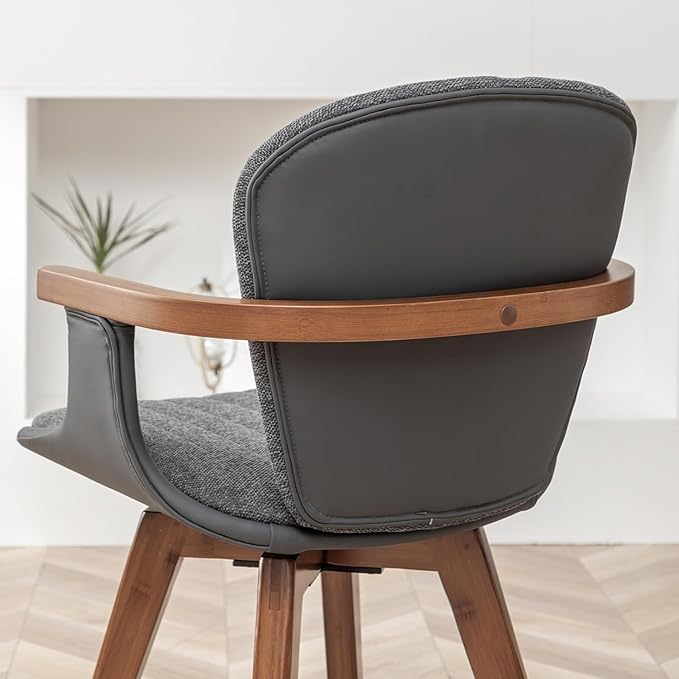 LUNLING Swivel Dining Chairs, Mid Century Modern Gray Fabric+Faux Leather Kitchen Chairs with Arms,Bamboo Legs Side Chairs No Wheels,Accent Chair for Dining Rooms and Offices(Gray Fabric,1PCS)-Ruum Studio Home