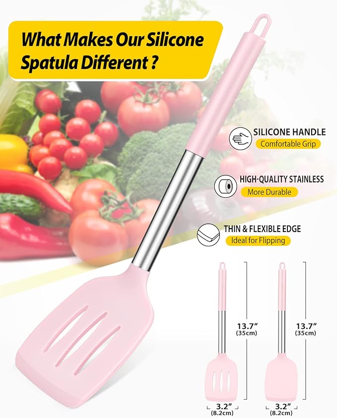 Pack of 2 Silicone Solid Turner, Non Stick Slotted Kitchen Spatulas, High Heat Resistant BPA Free Cooking Utensils, Ideal Cookware for Fish, Eggs, Pancakes(Pink)-Ruum Studio Home