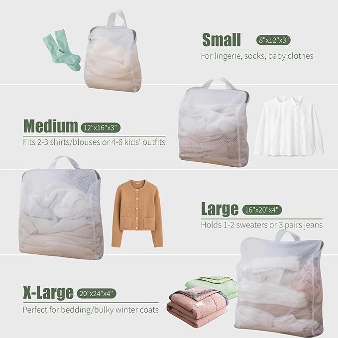 GWT 4Pcs 3D Mesh Laundry Bags with Hanging Handles (S/M/L/XL) - Durable Zippered Wash Bags for Delicates, Shoes & Bulk Clothes - Space-Saving Foldable Design-Ruum Studio Home