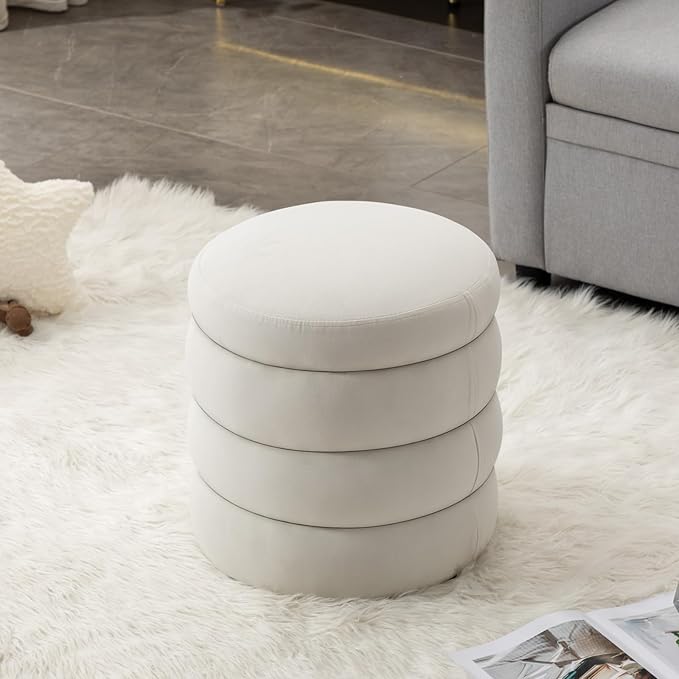 Furniliving Modern Round Ottoman, Soft Bedroom Ottoman Footstool Round Ottomans Stool for Living Room, Bedroom, Makeup Room, White, Velvet-Ruum Studio Home