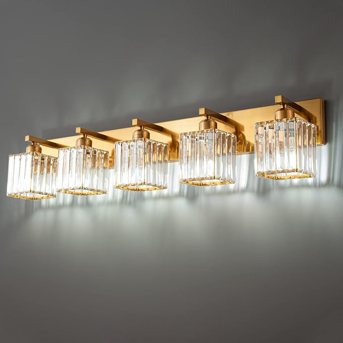 Modern 5-Light Gold Brushed Brass Finish Crystal Wall Light for Bathroom Vanity-Ruum Studio Home