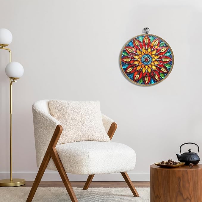Colorful Geometric Mandala Framed Round Wall Decor Canvas Wall Art Hanging Prints Artwork for Home Office Kitchen Nursery Bedroom Living Room Porch Garden Birthday Decorations 10.2X10.2 Inch-Ruum Studio Home