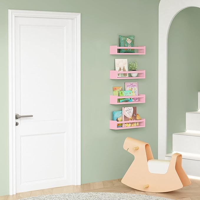 Forbena Pink Floating Shelves for Wall, Aesthetic Wall Bookshelf for Girls Room Decor, Wood Nursery Bookshelves for Toddler Kids Bedroom Book and Toy Storage Organizer (Set of 4, Pink)-Ruum Studio Home