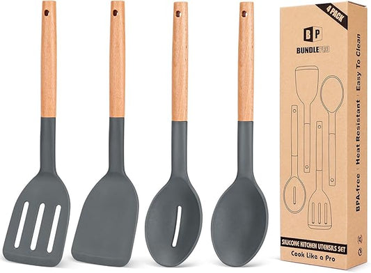 Pack of 4 Silicone Cooking Utensils Set, Non Stick Solid Spatulas and Heat Resistant Slotted Spoons with Wooden Handle, Ideal Wood Kitchen Utensils Set for Frying,Serving,Turning,Stirring (GRAY)-Ruum Studio Home